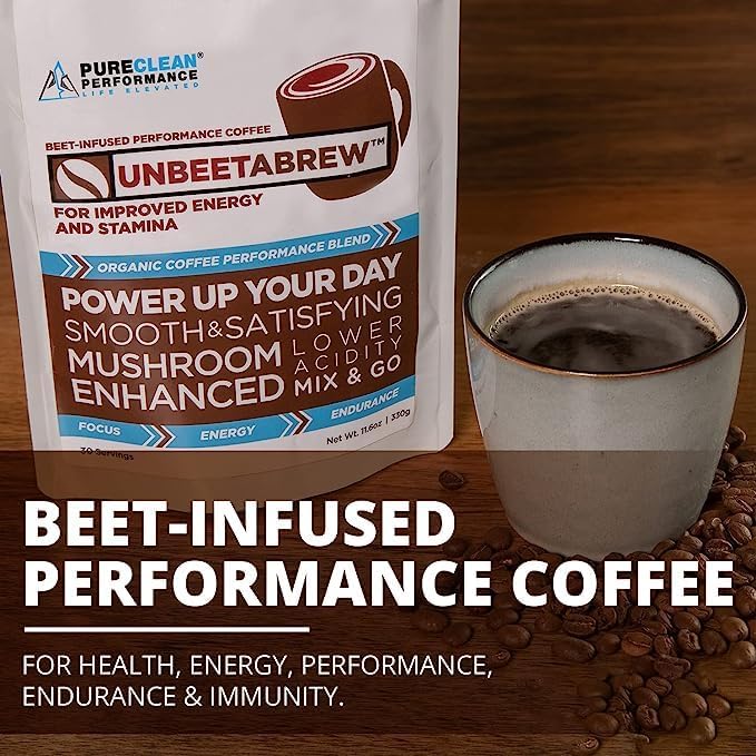UNBEETABREW Mushroom Coffee – Energizing Plant-Based Pre-Workout with Beet Juice, Adaptogens, L-Theanine & D-Ribose – Boost Focus, Strength & Stamina – Organic Instant Arabica Beans - 30 Servings
