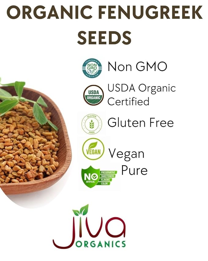 Jiva Organic Fenugreek Seeds 7 Ounce – Non-GMO, Gluten Free, All Natural Fenugreek Spice – Organic Fenugreek Seeds for Hair Growth, Cooking & Sprouting - Methi Seeds for Methi Dana Water - Raw & Natural, Product of India