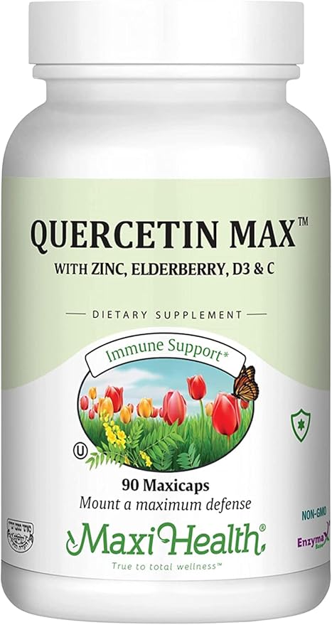 Maxi Health Quercetin 500mg with Zinc 30mg, Vitamin C 1000mg, Vitamin D 2500 IU, Elderberry 125mg - Vegetarian Health Supplement for Adults Kosher Certified - 90 Veggie Capsules (Pack of 2)