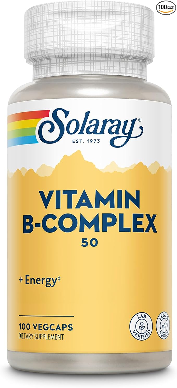 SOLARAY Vitamin B Complex 50 mg - Cellular Energy Vitamins - Metabolism and Nerve Health Support with Vitamin B12, Vitamin B1, B6, Niacin, Folic Acid, Biotin and Other B Vitamins - Vegan, 100 VegCaps