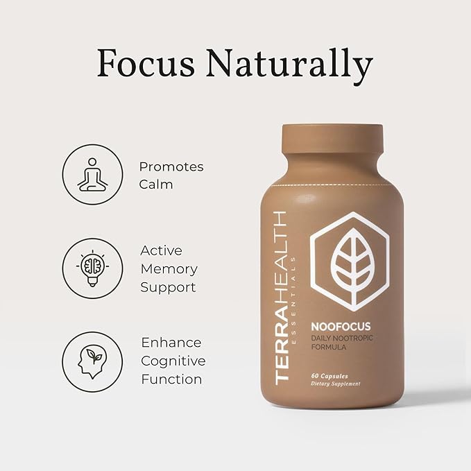 Terra Health Essentials NOOFOCUS - Nootropics Brain Support Supplement with Adaptogenic Mushrooms, Alpha-GPC, Gotu Kola, L-Theanine for Focus & Memory - All Natural, 30 Day Supply