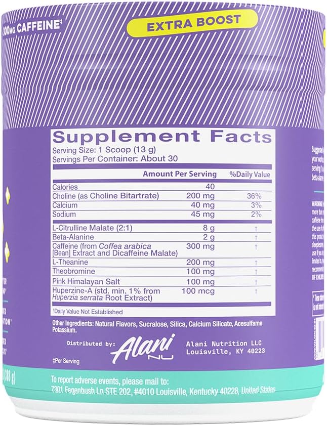 Alani Nu Pre Workout+ Powder Frozen Lemonade, Extra Boost, Sugar Free, 300mg Caffeine, L-Theanine, Beta-Alanine, Citrulline, 30 Servings