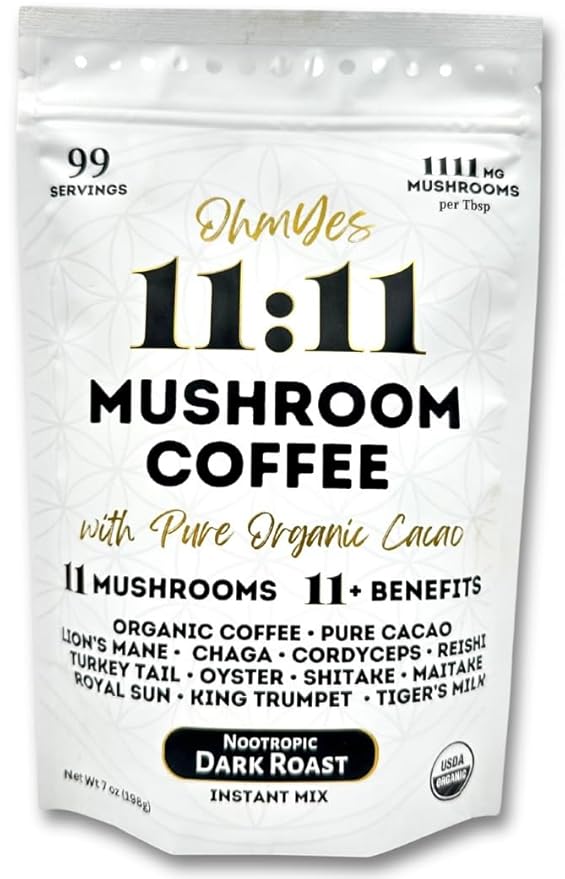 Organic Mushroom Coffee with Cacao – 11x Adaptogenic Mushrooms for Focus, Clarity & Energy – Lion’s Mane, Reishi, Chaga + Nootropic Superfood by OhmYes (7oz) - 99 Servings