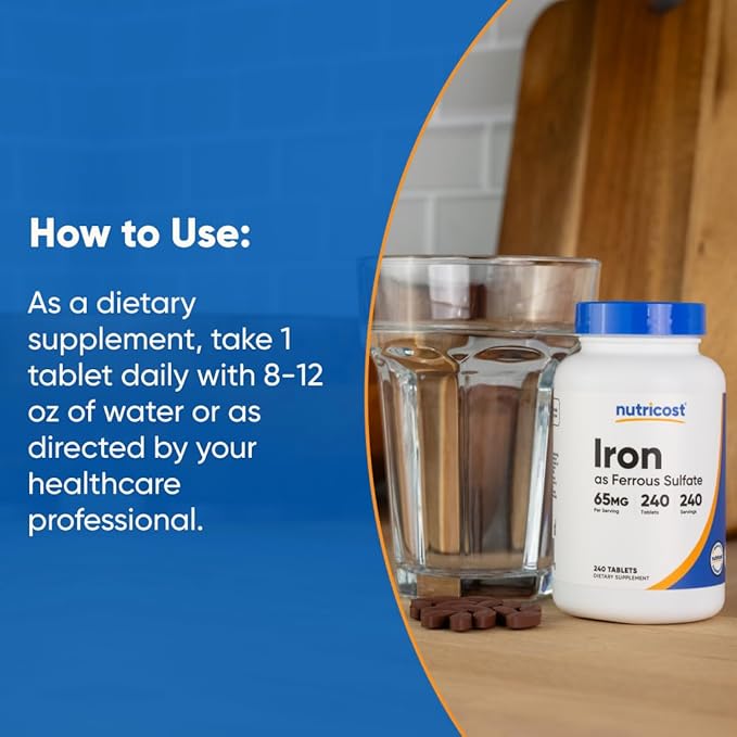 Nutricost Iron (As Ferrous Sulfate) 65mg, 240 Tablets - Non-GMO, Gluten Free