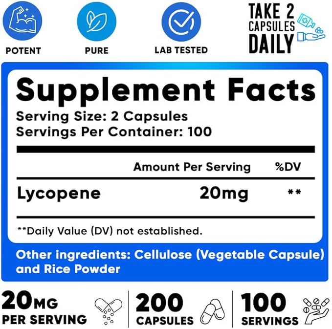 We Like Vitamins Lycopene Supplements for Men & Women - Lycopene 20mg Per Serving - 200 Capsules - Super Antioxidant which Helps Support Immune System and Prostate Health