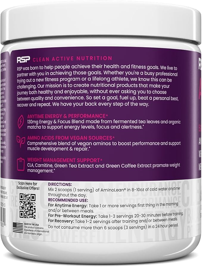 RSP NUTRITION AminoLean Pre Workout Powder, Amino Energy & Weight Management with Vegan BCAA Amino Acids, Natural Caffeine, Preworkout Boost for Men & Women, 30 Serv