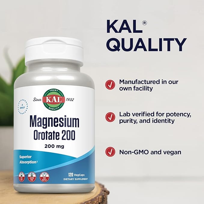 KAL Magnesium Orotate 200 mg, Superior Absorption Formula, Chelated Magnesium for Healthy Bones, Teeth, Nerve and Muscle Function, Vegetarian, Non-GMO, Gluten Free, 30 Servings, 120 VegCaps