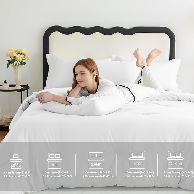 CozyLux White Comforter Set King Size, 3 Pieces Solid Breathable Quilted Boho Style Bedding Sets, Luxury Fluffy Soft Microfiber Comforter for All Season(1 Comforter & 2 Pillowcases)