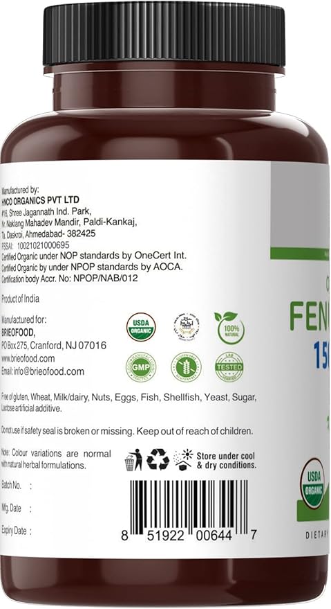 Brieofood Organic Fenugreek 1500mg, 45 Servings, Vegetarian, Gluten Free, 90 Vegetarian Tablets