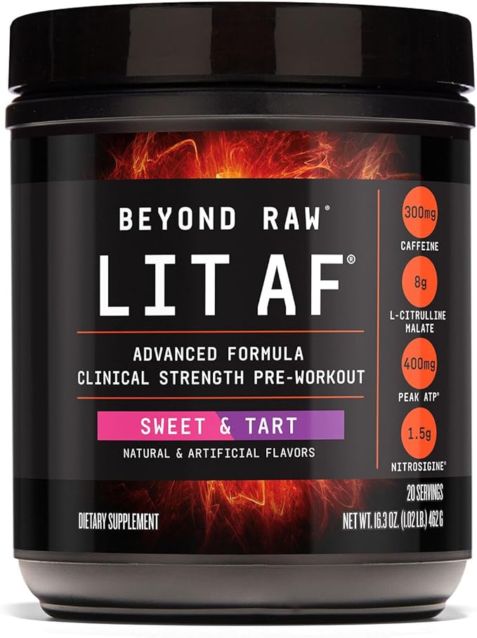 BEYOND RAW LIT Advanced Pre-Workout Formula, Sweet and Tart, for Energy, Focus, Endurance, Pumps, with 300mg Rapid and Targeted Release Caffeine, Creatine, Betaine, Beta Alanine, Taurine, 20 Servings