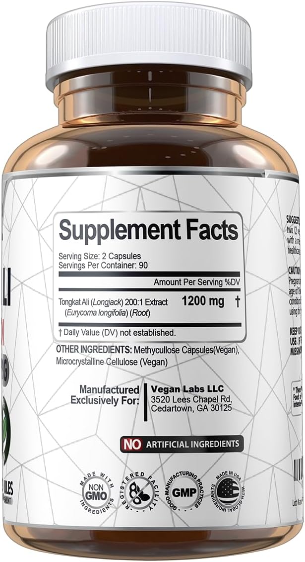 Vegan Labs Tongkat Ali 200:1 Extract, 1200MG Per Servings- 180 Vegan Capsules- Supports Energy and Stamina- Gluten Free, Non-GMO Premium Quality Supplement