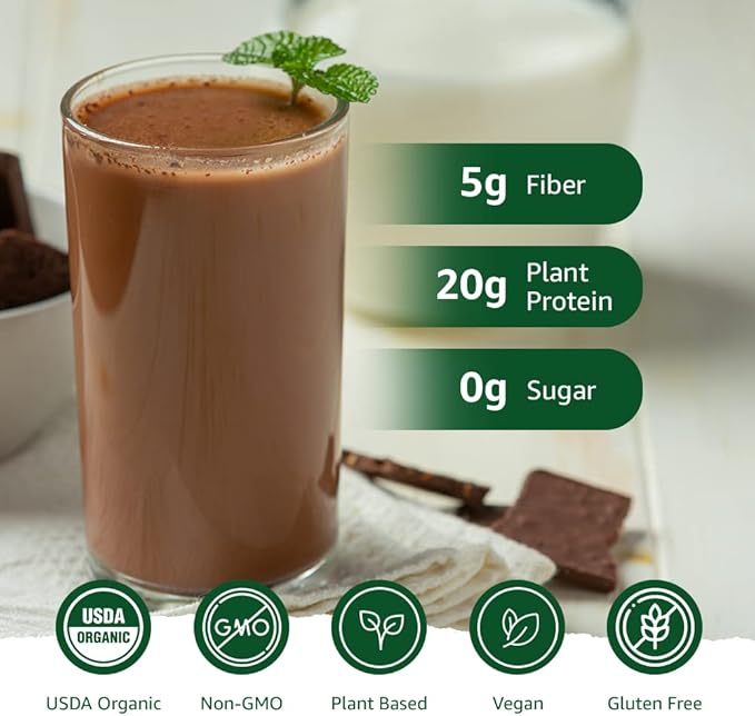 Opportuniteas Organic Plant Based Protein Powder, 20g Pea, Pumpkin, Rice Vegan Organic Protein Powder Without Sugar, Creamy Chocolate, 1 Lb