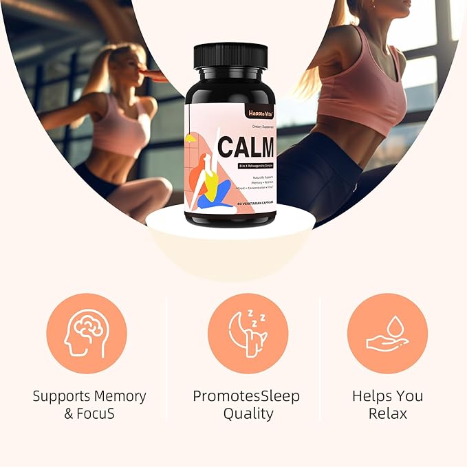 Calm Ashwagandha Supplements, Ashwagandha 4000mg with Rhodiola Rosea, Reishi, Ginseng, Bacopa, L Theanine, Natural Adaptogens Nootropic Stress & Mood Support, 60 Capsules