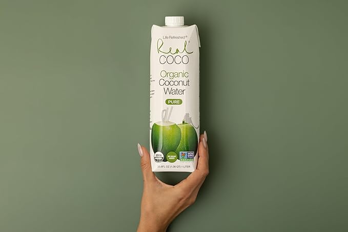 Real Coco Organic Pure Coconut Water (6-Pack 1L), USDA Organic, No Added Sugar, Plant Based, Packed with Electrolytes, Vegan