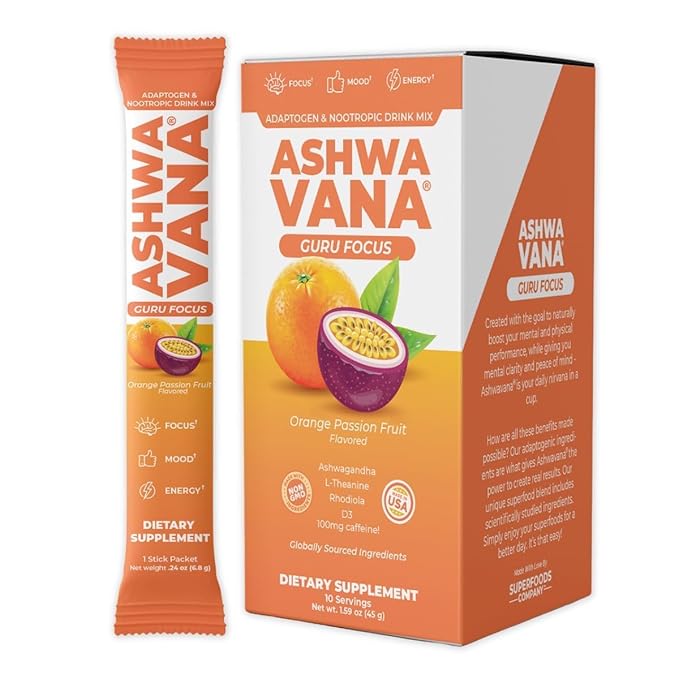 Ashwavana Ashwagandha & Vitamin D Drink Mix With L-Theanine, K2, Rhodiola, 100MG Time-Release Caffeine - Orange Passion Fruit Flavor. America's #1 Ashwa Drink