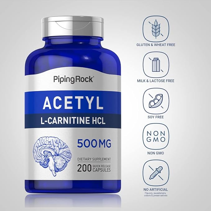 Piping Rock Acetyl L-Carnitine 500mg | 200 Capsules | HCL Supplement | Non-GMO, Gluten Free