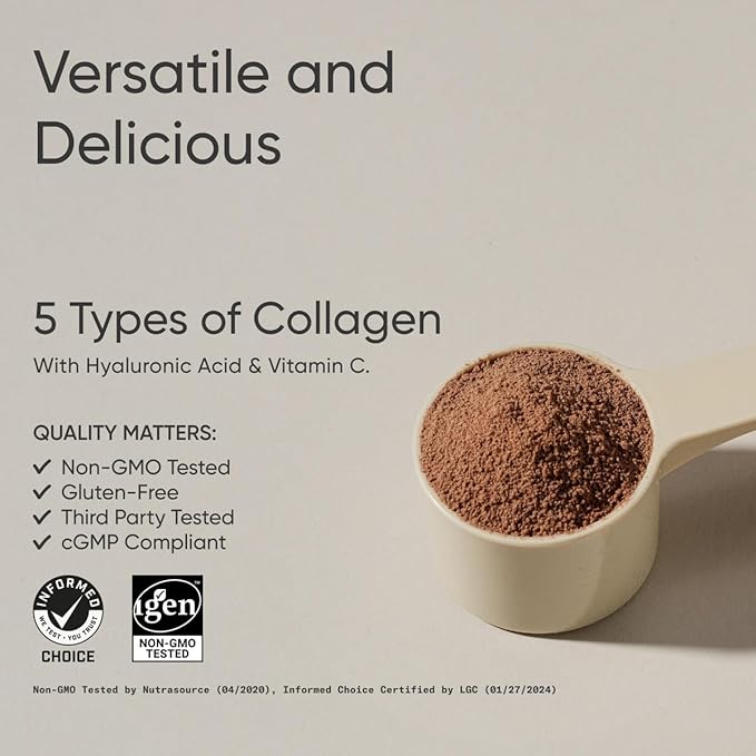 Multi Collagen Protein Powder (Type I, II, III, V, X) with Hyaluronic Acid + Vitamin C | 5 Types of Food Based Collagen, Great in Coffee & Protein Drinks | Non-GMO Verified, 30 Servings (Chocolate)
