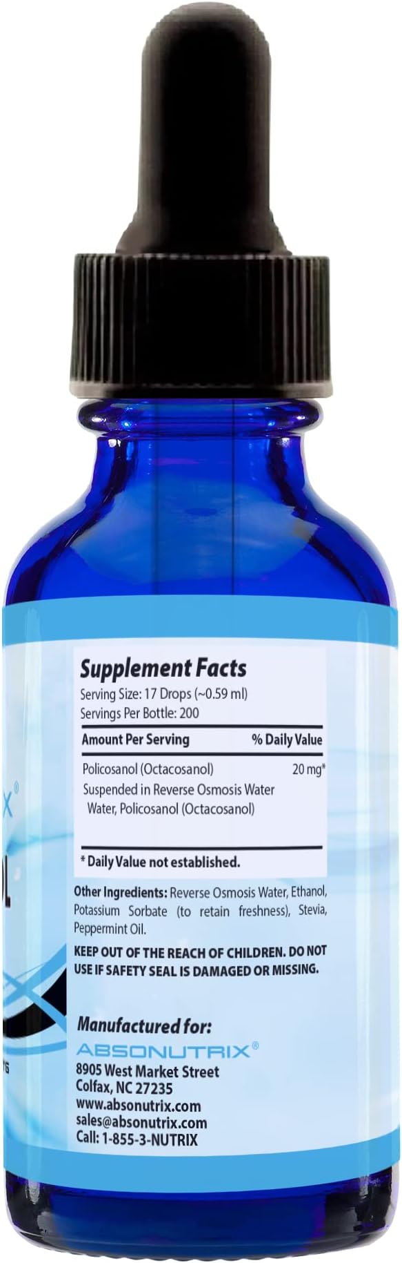 Absonutrix Policosanol 20mg, 4 Fl Oz Bottle, 200 Highly Potent Servings, High Bioavailability, Quick Absorption, Third-Party Tested, GMP-Certified, Non-GMO, Cruelty-Free Products, Made in USA