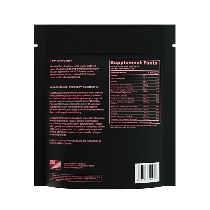 Hydrofy Hydrogen Water + Electrolytes Drink Mix | Superior Hydration Packets with Molecular Hydrogen (H2), Sodium, Potassium, Magnesium, Calcium, and Minerals | No Sugar | Raspberry 25 Ct