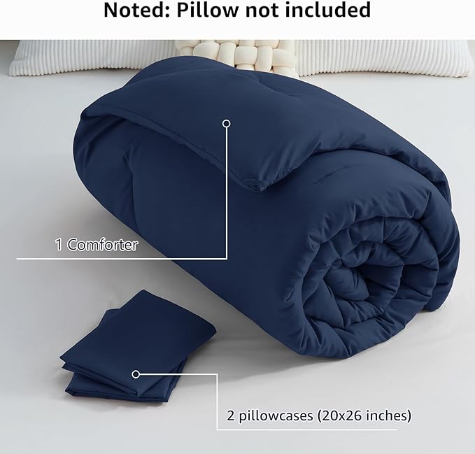 CozyLux Navy Blue Comforter Set Full Size, 3 Pieces Solid Breathable Quilted Style Bedding Sets, Luxury Fluffy Soft Microfiber Comforter for All Season (1 Comforter & 2 Pillowcases)