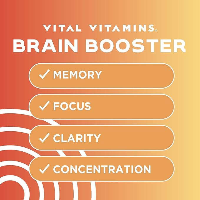 Vital Vitamins Brain Supplements for Memory and Focus – Nootropic Brain Booster with Ginkgo Biloba, Rhodiola, B12 – Caffeine-Free Support for Adults & Seniors – 30-Day Supply, 30 Capsules