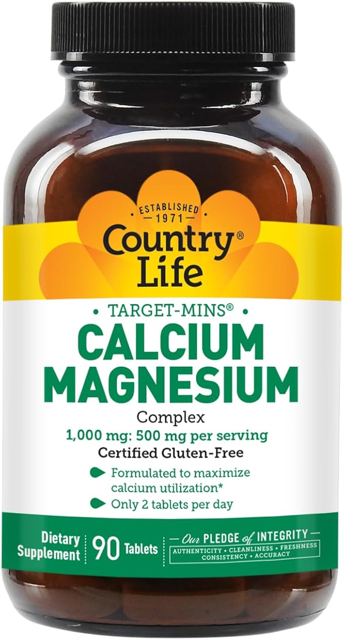 Country Life Target-Mins Calcium Magnesium Complex 1000mg/500mg, 90 Tablets, Certified Gluten Free, Certified Vegan, Certified Non-GMO Verified