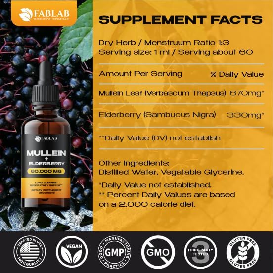 FabLab Mullein Leaf Extract with Elderberry 2 Fl Oz - Made in USA - Drops for Better Lung - Mullein Tincture for Lung Detox - Bronchial Cleanse for Smokers - Respiratory Herbal Supplement