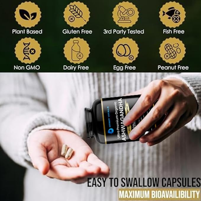 Organic Ashwagandha, 2250 mg - Premium Ashwagandha Root Extract with MCT Oil Powder & Black Pepper for Superior Absorption - Improves Focus, Mood Support, Increase Energy, Strength - 90 Capsules