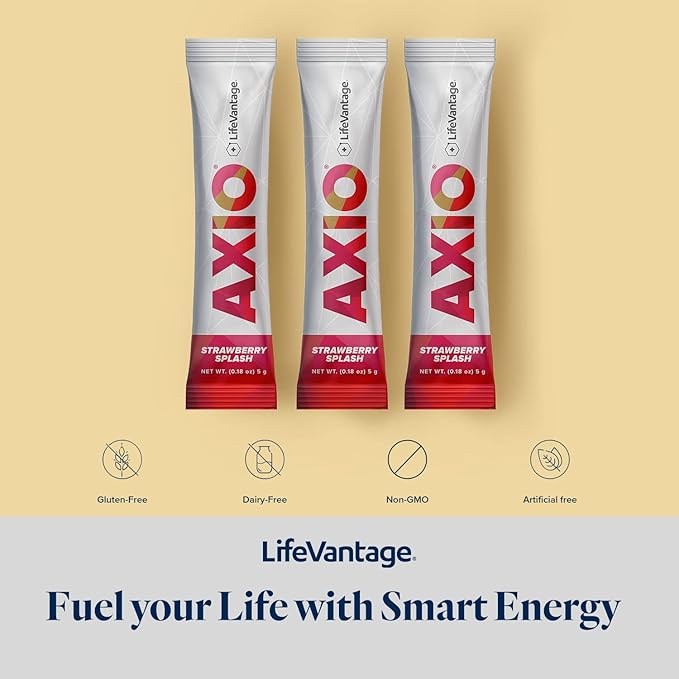 LifeVantage - AXIO - Regular Energy Drink Powder,Strawberry Splash - with B Vitamin, DMAE, L-Theanine, Quercetin, Green Tea and Pine Bark - 30 Packets