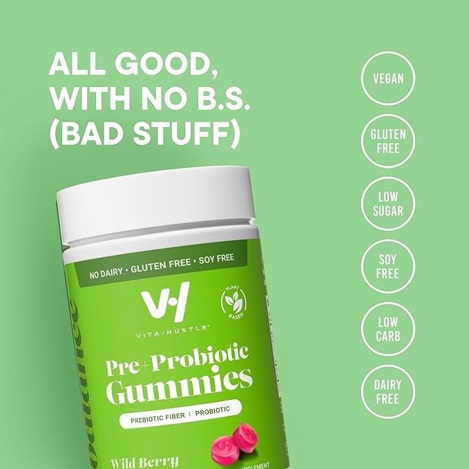 VitaHustle Pre + Probiotic Gummies, Vegan, Gut Health, Digestion, Bloating, Relief, Immune Support, Low Sugar, Plant Based, Non GMO, Berry Flavor, 50 Count