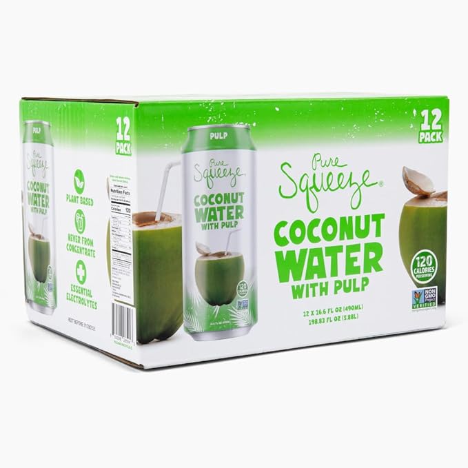 Pure Squeeze Coconut Water with Pulp (490mL - 12pk) Essential Electrolytes, Non-GMO, Plant-Based Hydration (Coconut Water with Pulp)