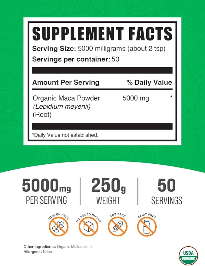 BulkSupplements.com Organic Maca Powder - Maca Supplement, Maca Root Powder - Superfood, Maca Powder Organic - Gluten Free, 5000mg per Serving, 250g (8.8 oz) (Pack of 1)