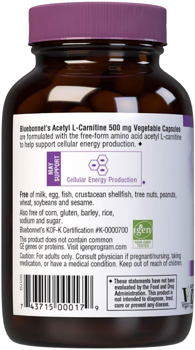 Bluebonnet Nutrition Acetyl L-Carnitine, Transports Fatty Acids, Boosts Cellular Energy, Soy & Gluten-Free, Kosher Certified, Vegan, 30 Vegetable Capsules, White, 500mg