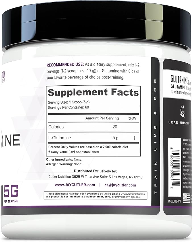 Cutler Essentials 100% Pure L-Glutamine for Enhanced Recovery, Lean Muscle Support and Improved Protein Synthesis | Unflavored, 60 Servings
