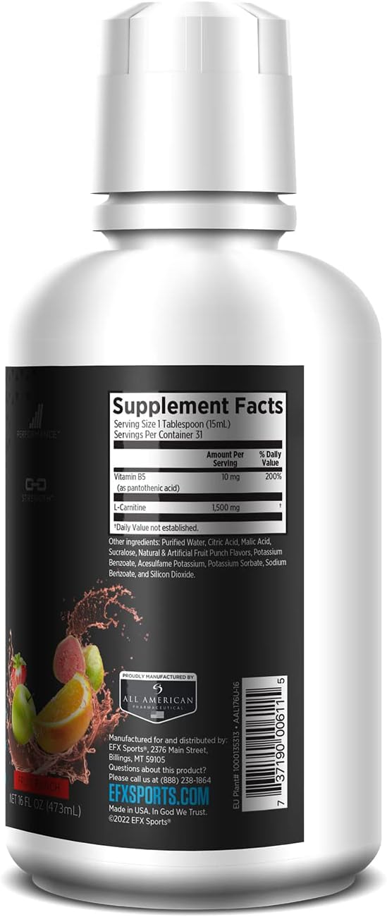 EFX Sports L-Carnitine Liquid 1500mg, Improve Performance and Strength, Vitamin B5 (31 Servings, Fruit Punch)