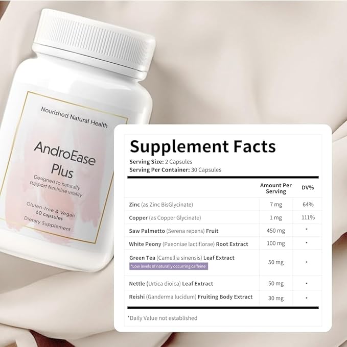 Nourished AndroEase Plus - Natural Balance Supplement for Women - Vegan Formula with Zinc & Saw Palmetto - 180 Capsules for Daily Wellness & Vitality - Made in USA
