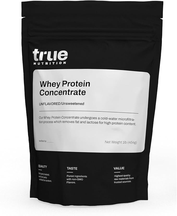 True Nutrition - Whey Protein Concentrate - 100% Whey Protein Powder - Fast Acting Low Carb Powder with Essential Amino Acids - High in Leucine - Unflavored/Unsweetened - 1lb.