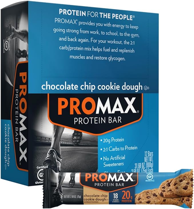 Promax Protein Bar, Chocolate Chip Cookie Dough, 20g High Protein, Gluten Free, 12 Count