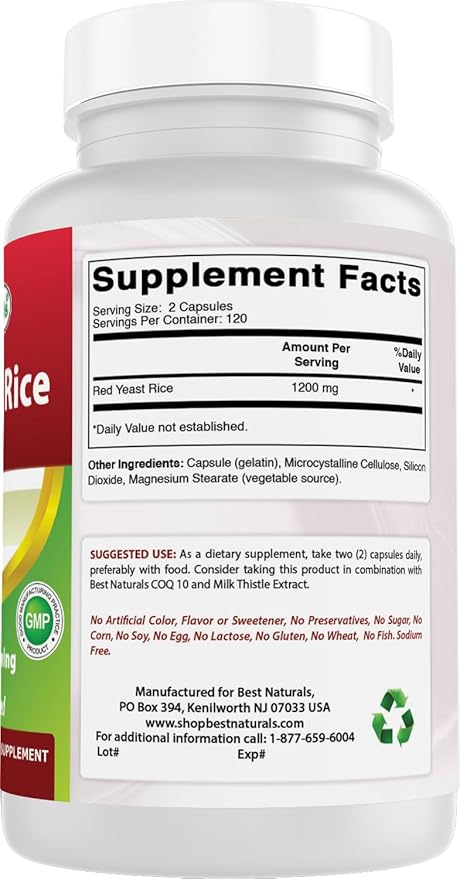 Best Naturals Red Yeast Rice 1200mg Per Serving 240 Capsules - Premium Formula - 3rd Party Lab Tested