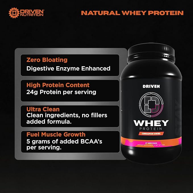 Driven WHEY- Grass Fed Whey Protein Powder: Delicious, Clean Protein Shake- Improve Muscle Recovery with 23 Grams of Protein with Added BCAA and Digestive Enzymes (2 lb, Cinnamon Roll)
