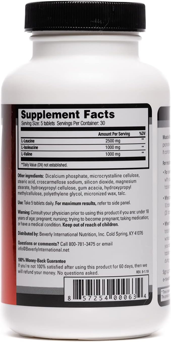 Beverly International Muscle Mass, 150 Tablets. A Free-Form Branched-Chain Amino Acid (BCAA) for Lean Muscle Mass & Recovery. Contains 2.5:1:1 Ratio of Leucine to Isoleucine to Valine. Muscle Fuel