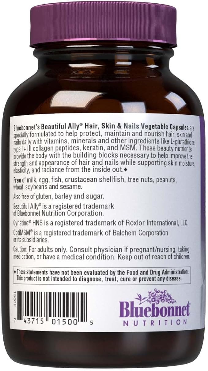 Bluebonnet Nutrition Beautiful Ally Hair, Skin & Nails, Hydrolyzed Collagen from Grass Fed Cows, Collagen Peptides Type 1 & 3, Non GMO, Gluten Free, Soy Free, Milk Free, Kosher, 60 Vegetable Capsules