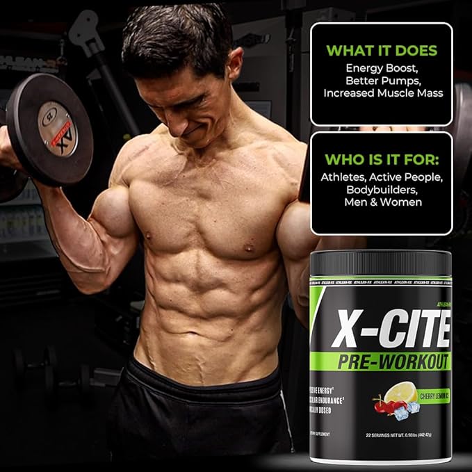 X-CITE Pre-Workout by ATHLEAN-X - Enhanced Formula with Beta-Alanine, Creatine & Caffeine for Ultimate Energy, Endurance, Focus & Muscle Pump, NSF Certified (22 Servings, Cherry Lemon Ice)