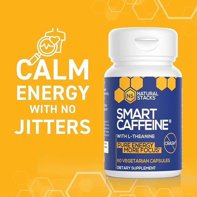 NATURAL STACKS Smart Caffeine Pills - 100mg Caffeine + 200mg L-Theanine Supplement - Supports Energy and Focus - No Jitters and No Crash - 60 Capsules