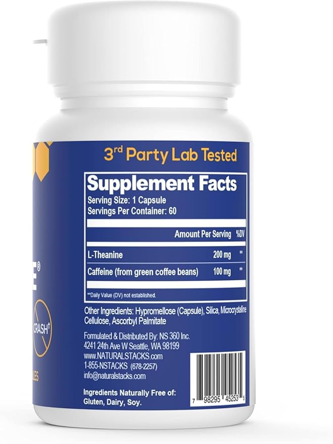 NATURAL STACKS Smart Caffeine Pills - 100mg Caffeine + 200mg L-Theanine Supplement - Supports Energy and Focus - No Jitters and No Crash - 60 Capsules
