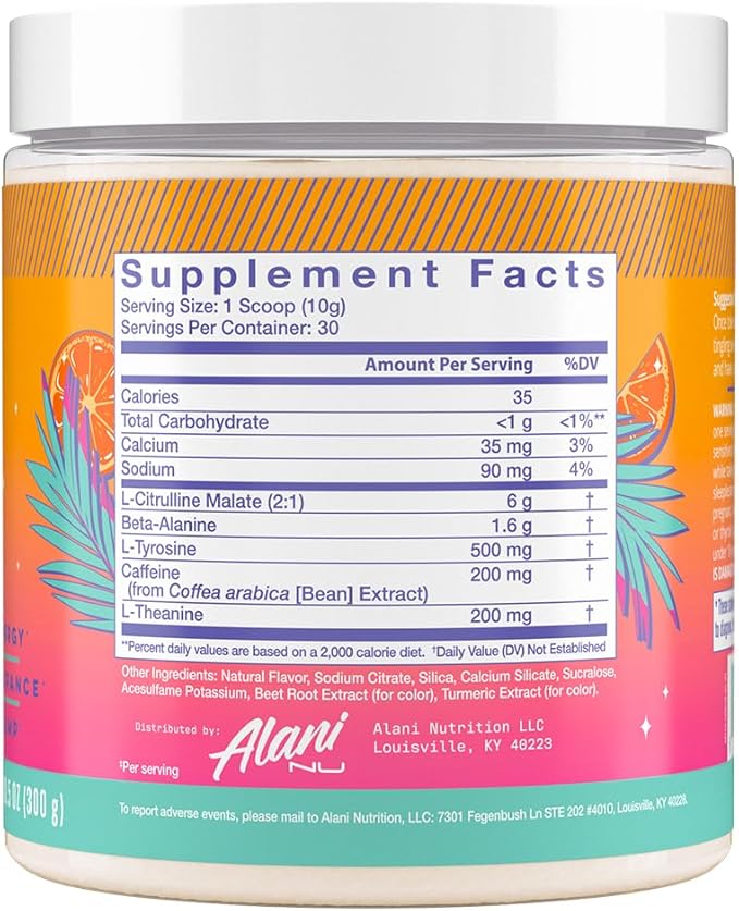 Alani Nu Pre Workout Powder Orange KISS, Amino Energy Boost, Endurance Supplement, Sugar Free, 200mg Caffeine, L-Theanine, Beta-Alanine, Citrulline, 30 Servings
