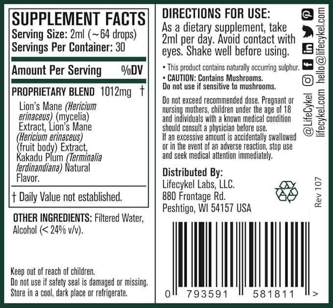 Lifecykel - Lion's Mane Mushroom Extract with Kakadu Plum - Brain Booster Nootropic for Memory, Focus & REM Sleep - Non-GMO, Organic Mushroom Tincture - 1 Fl Oz (15 Servings)