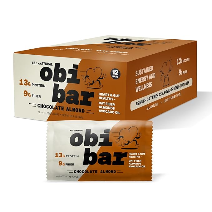 Obi Bar Chocolate Almond - Protein and Oat Fiber Bar | All-Natural | Sustained Energy | Lightly Sweet Taste | 100% Cocoa, Almond Chunks | MADE WITH AVOCADO OIL | Egg White Protein | Soy Free, Dairy Free, No Sugar Alcohol, No Seed Oils | 2.4oz, 12 Pack