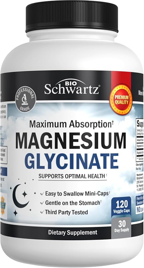 Magnesium Glycinate 500mg Capsules (120 Mini Caps) Maximum Absorption Magnesium Supplement for Nerves Muscles Heart Mood and Sleep Support (Vegan Safe with No Gluten, Soy or GMOs) by BioSchwartz