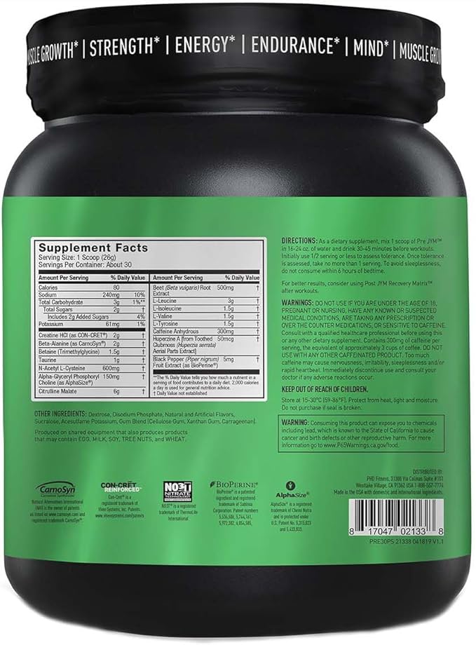 JYM Supplement Science Pre JYM Pineapple Strawberry Pre Workout Powder for Men & Women, BCAAs, Nootropics, Creatine HCI, Citrulline, Beta-Alanine, Betaine, Taurine, Huperzine, 30 Servings